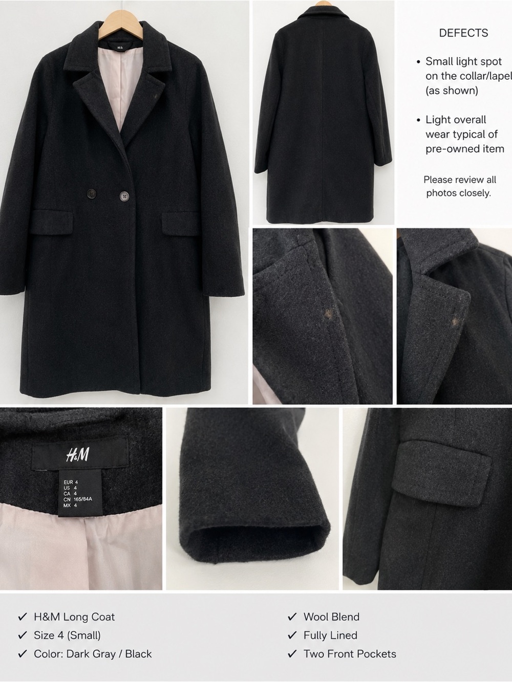 H&M Black Oversized Wool Blend Long Coat Winter Jacket
